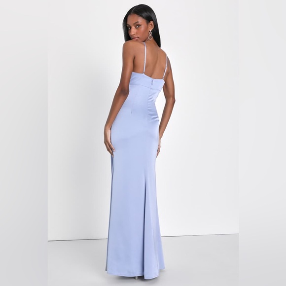 🦋 LULUs Lustrous Love Dusty Blue Satin Halter Cutout Mermaid Maxi Dress. Size XL - Picture 4 of 8